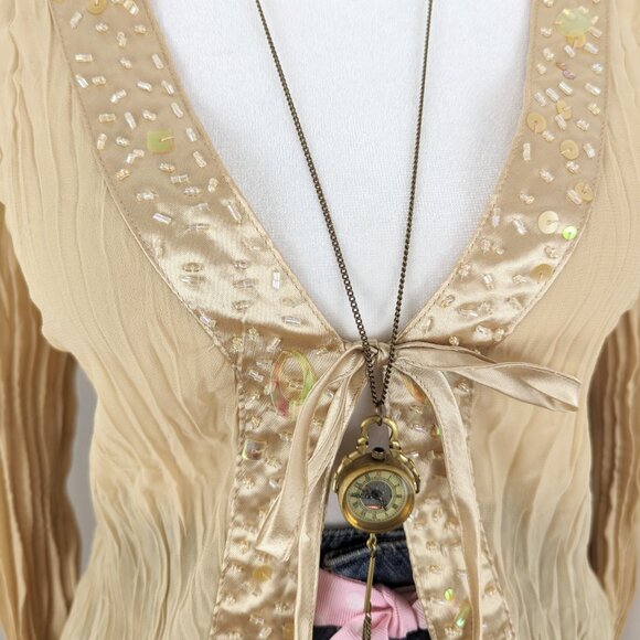 VTG 00s Y2K Kaelyn-Max Cream Yellow Sheer Plisse Pleats Long Sleeve Cardigan - Picture 5 of 8